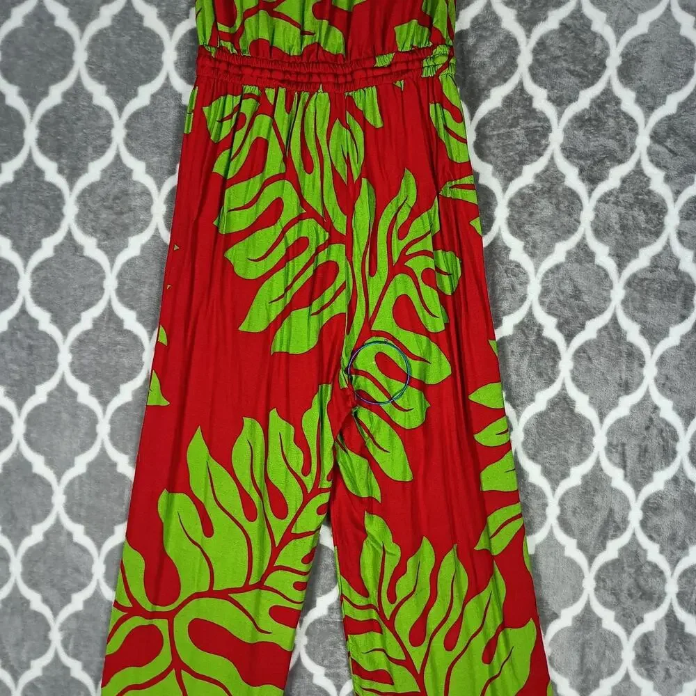Hula Bay Jumpsuit Womens Medium Red Green Strapless Wide Leg Tropical Leaf Tiki - Picture 15 of 16